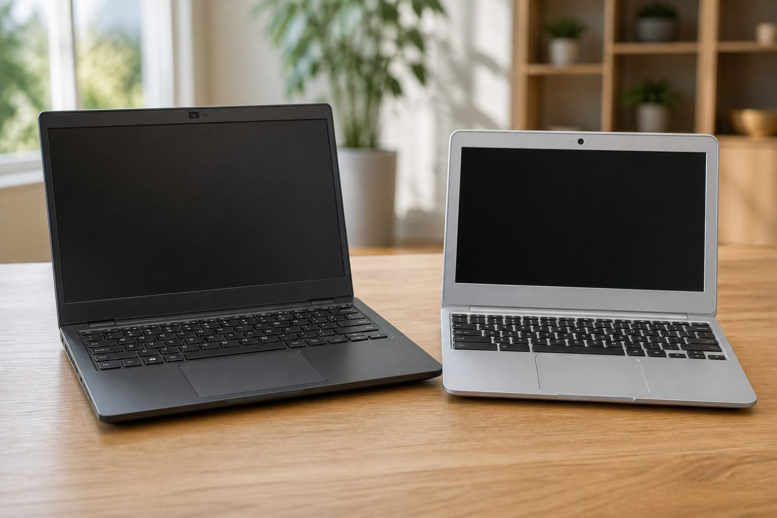 Business laptop and Chromebook side by side on a table