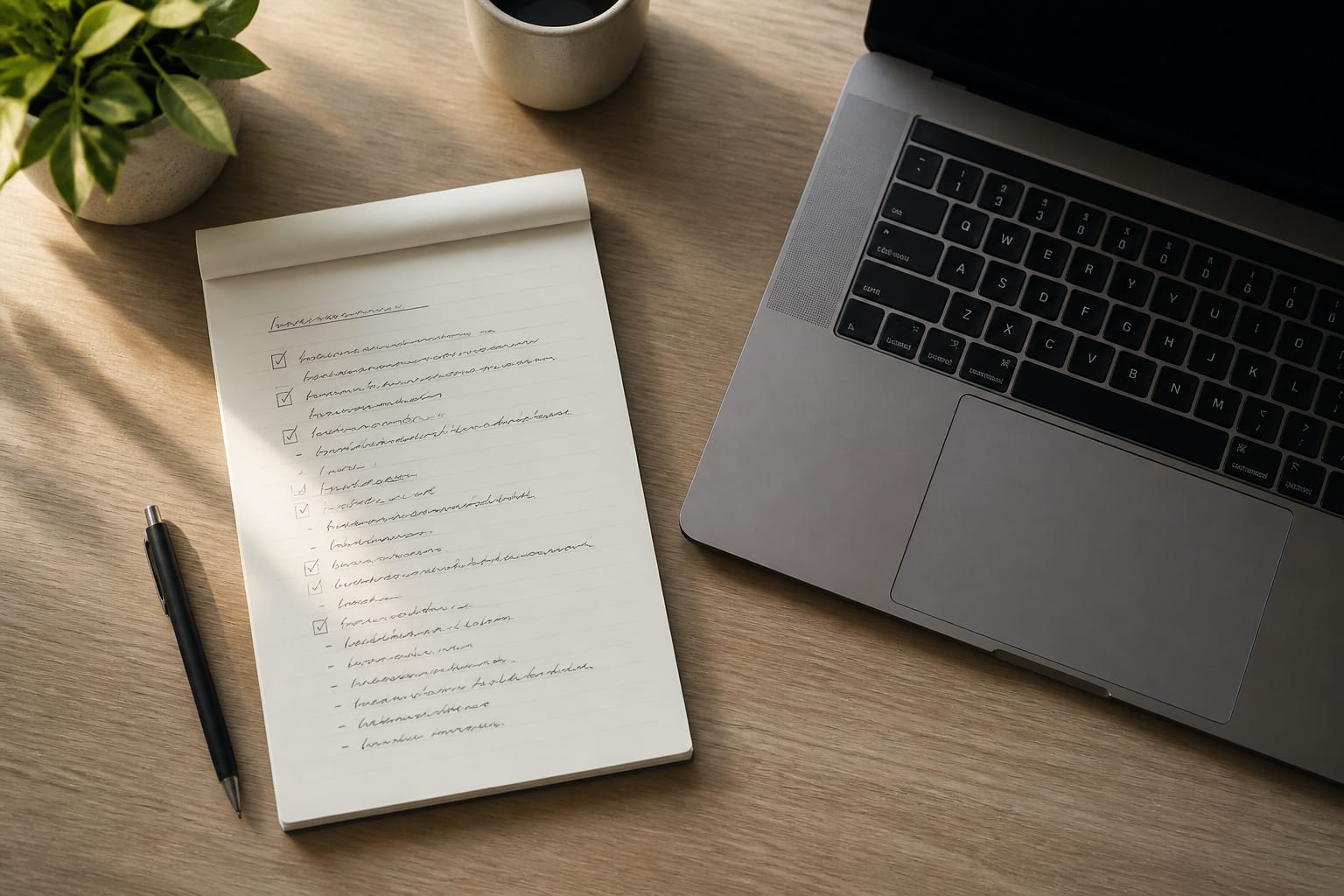 Notepad with a spec checklist beside a laptop