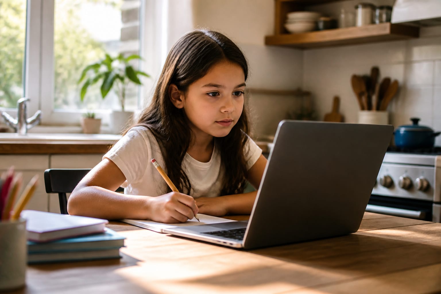 Child using a simple laptop at a kitchen table
