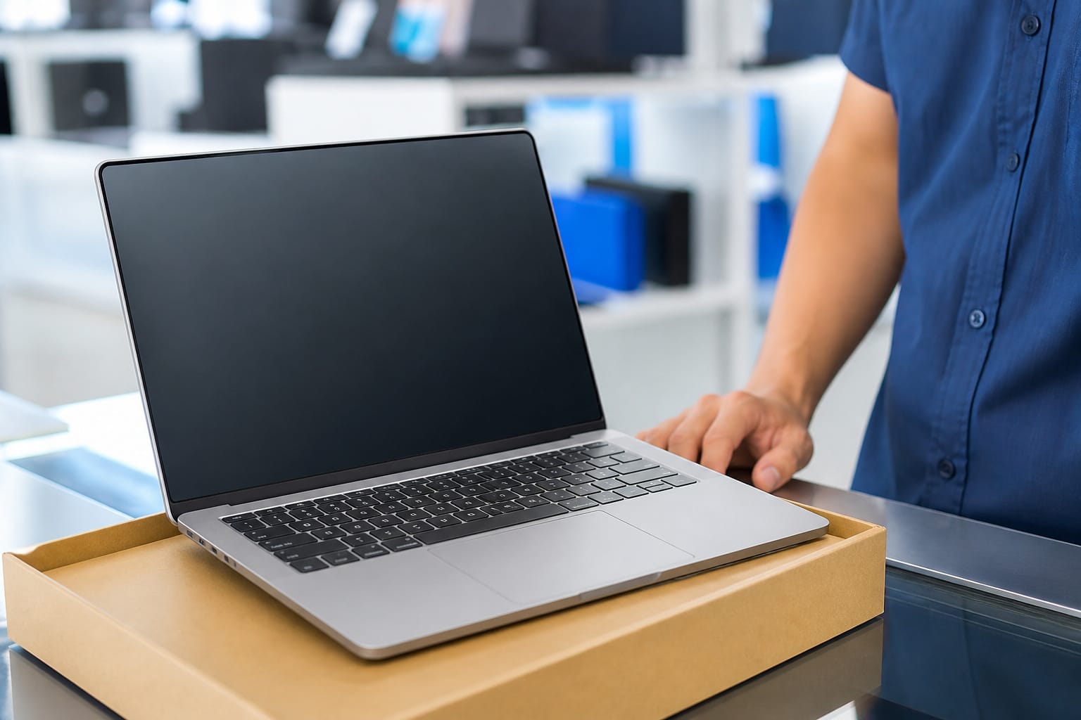 Open-box laptop on a store counter