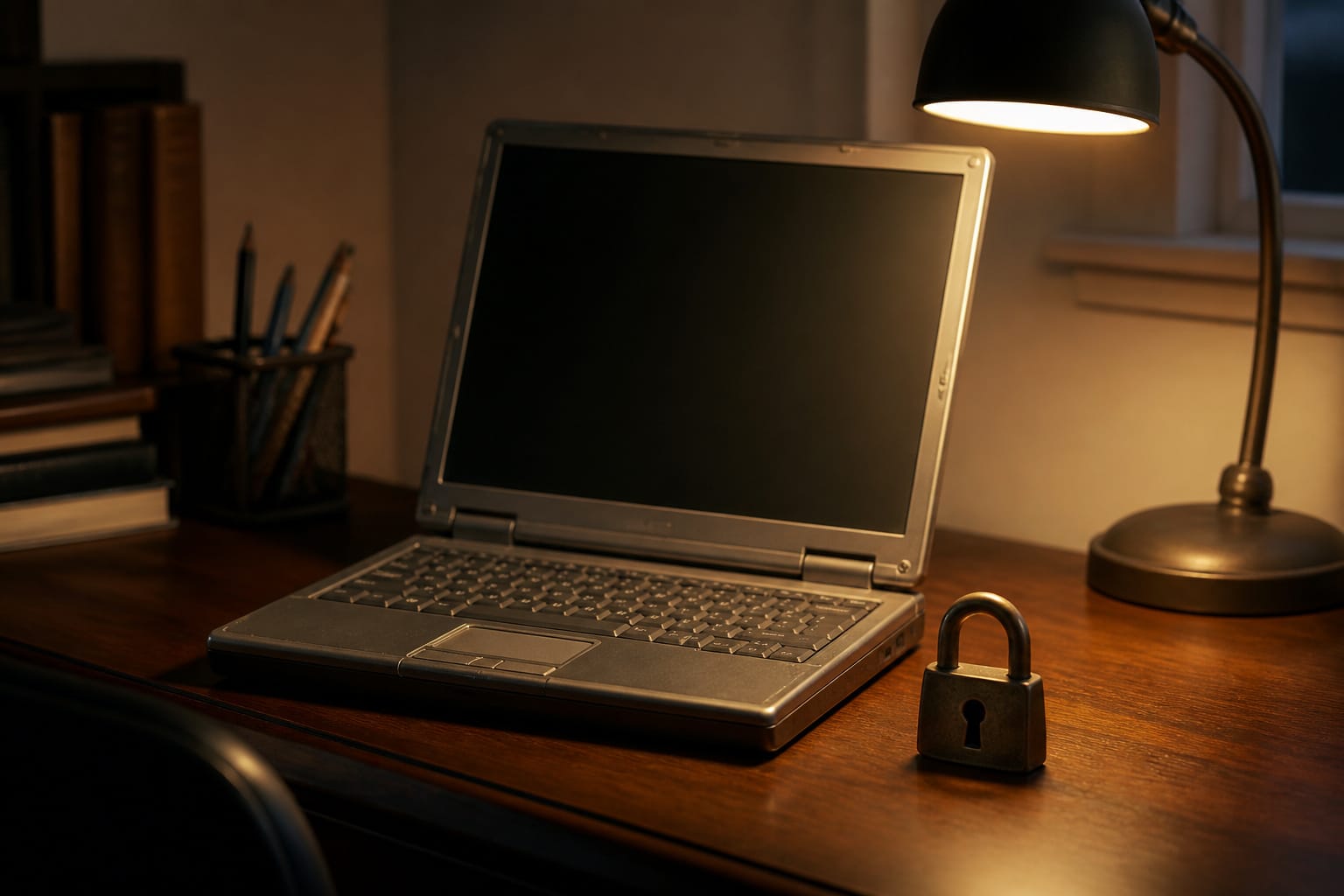 Old laptop on a desk beside a padlock paperweight