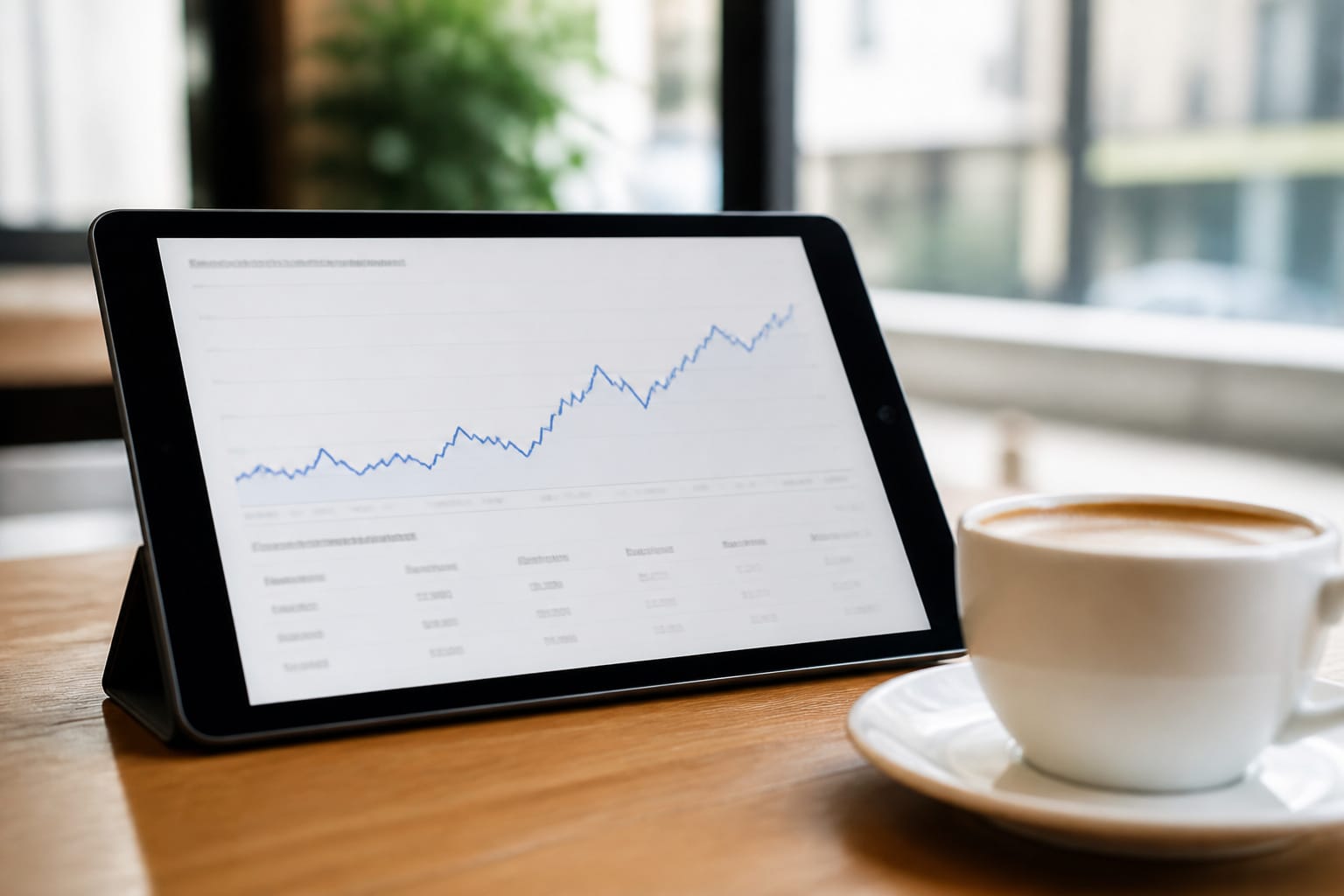 Tablet showing a price line graph beside a coffee cup