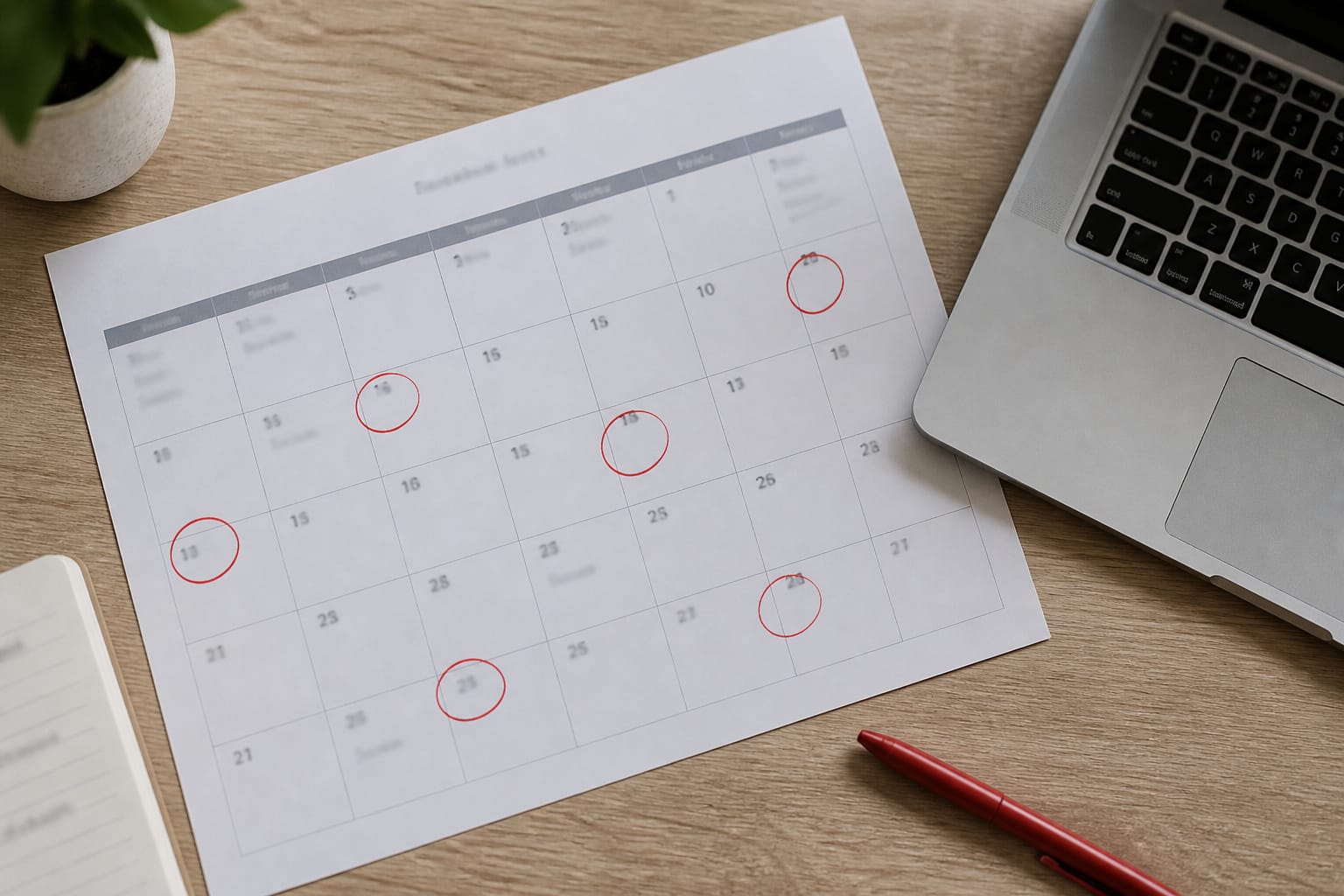 Calendar with dates circled in red beside a laptop