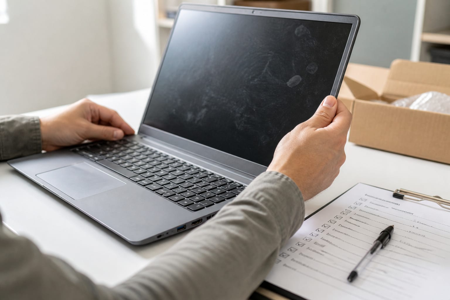 Hands inspecting a used laptop screen and ports