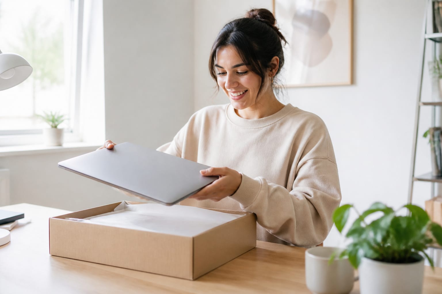 Person unboxing a new laptop on a clean desk
