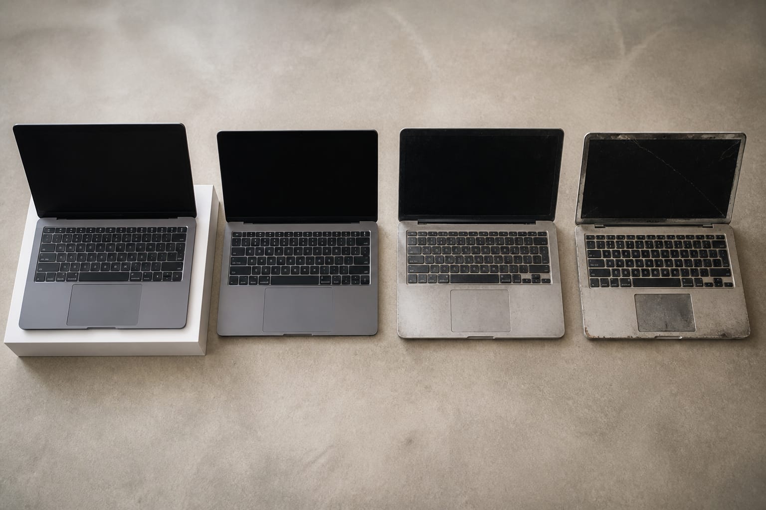 Four laptops of different conditions in a row