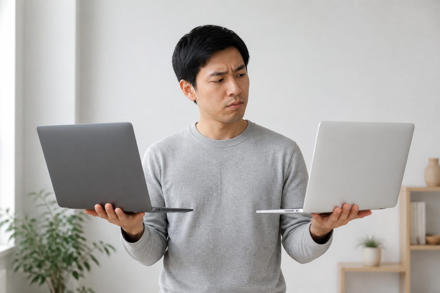 Person weighing two laptops, one in each hand