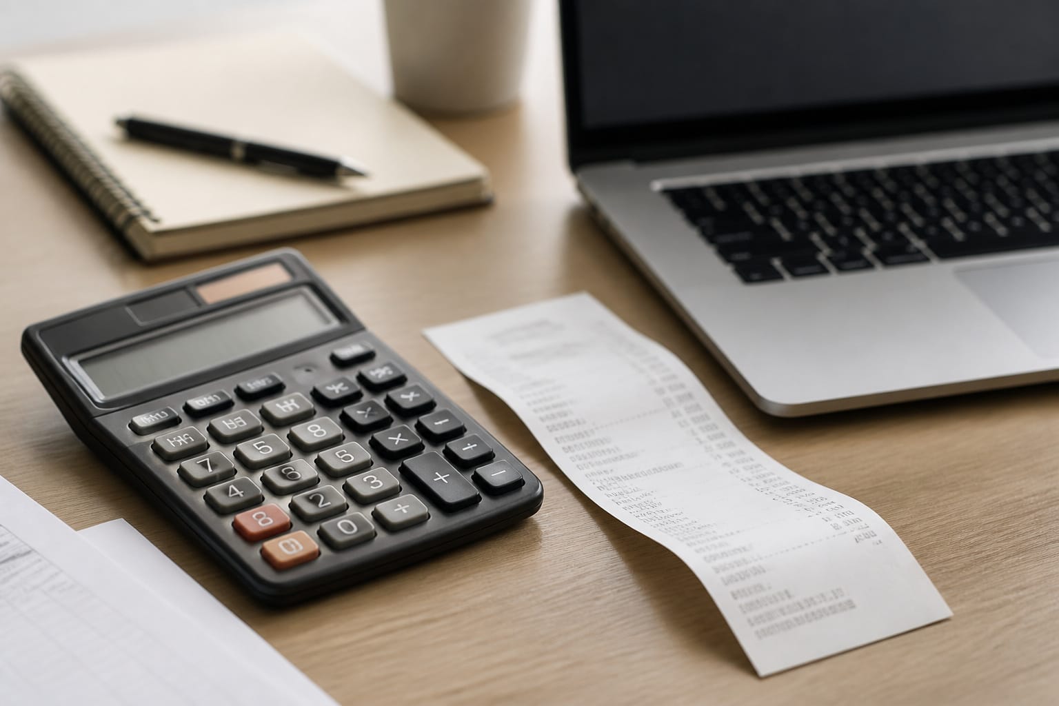Calculator and receipt beside a laptop