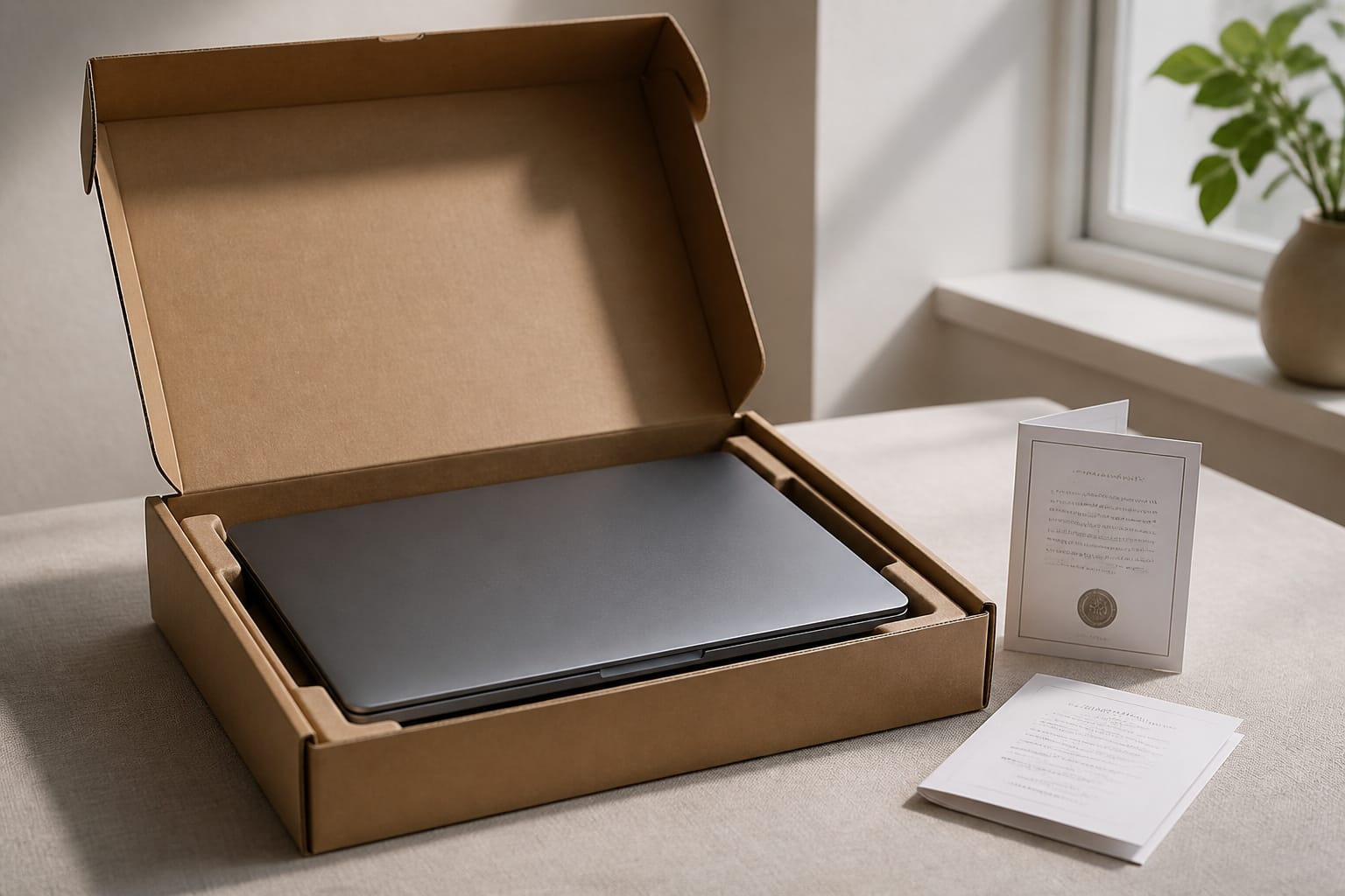 Refurbished laptop in simple packaging with a warranty card
