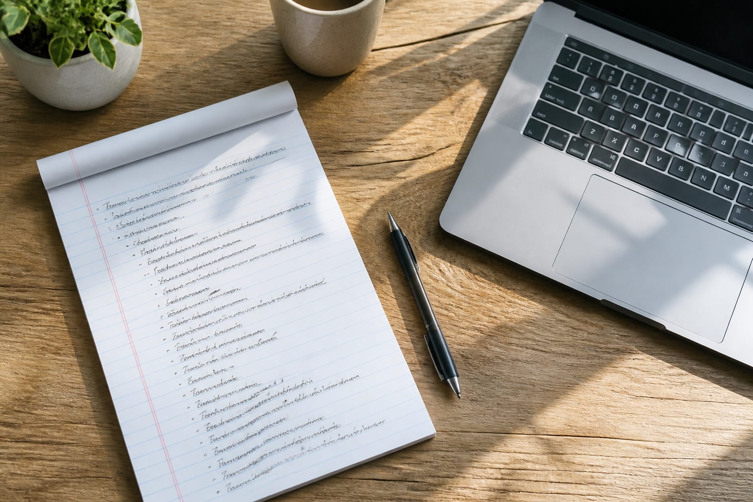 Needs list on a notepad beside a laptop