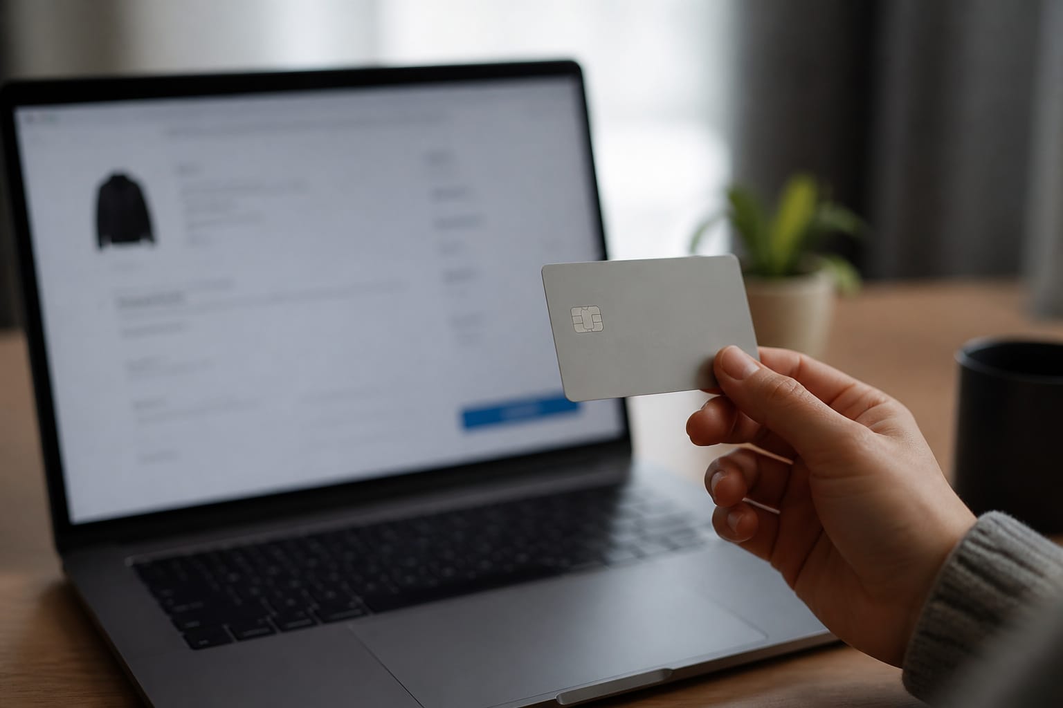 Person holding a credit card over a laptop checkout page
