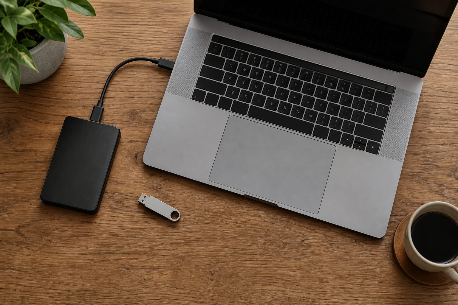 Laptop, external hard drive, and USB drive arranged on a desk