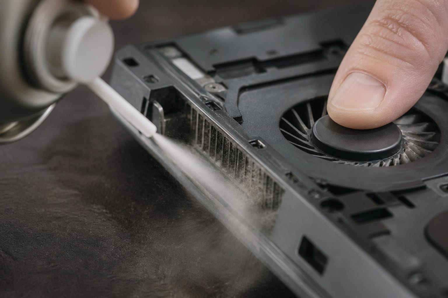Cleaning dust from a laptop vent with compressed air