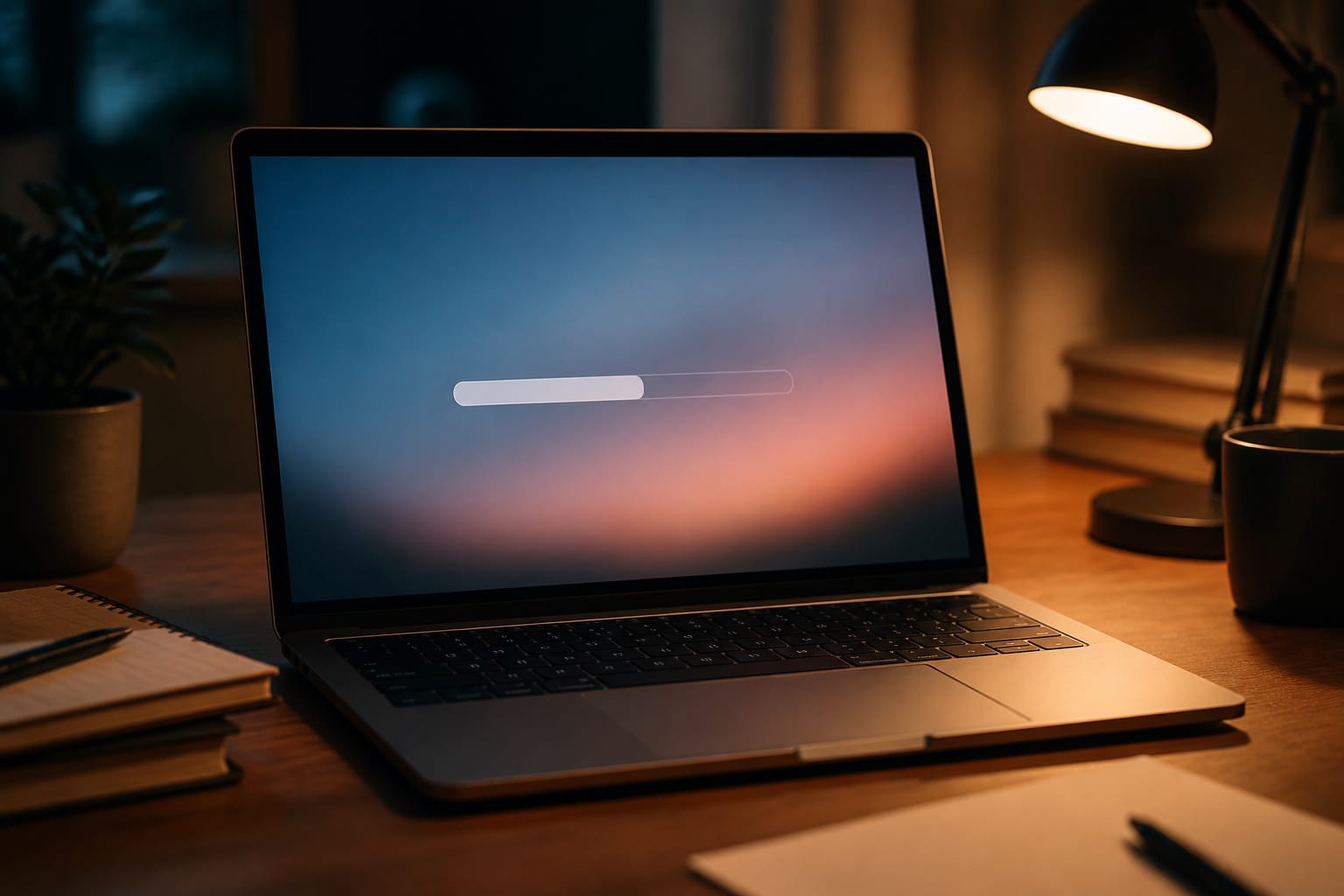 Laptop on a desk installing updates with a progress bar