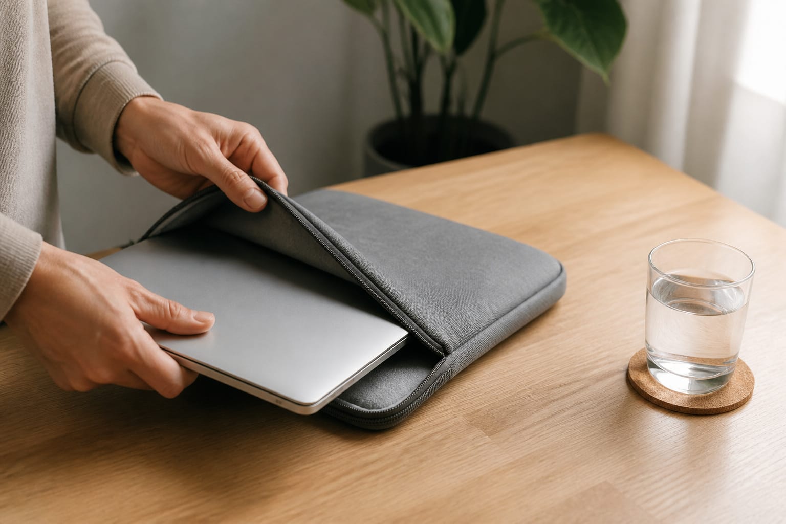 Laptop being placed into a padded sleeve with a glass kept away