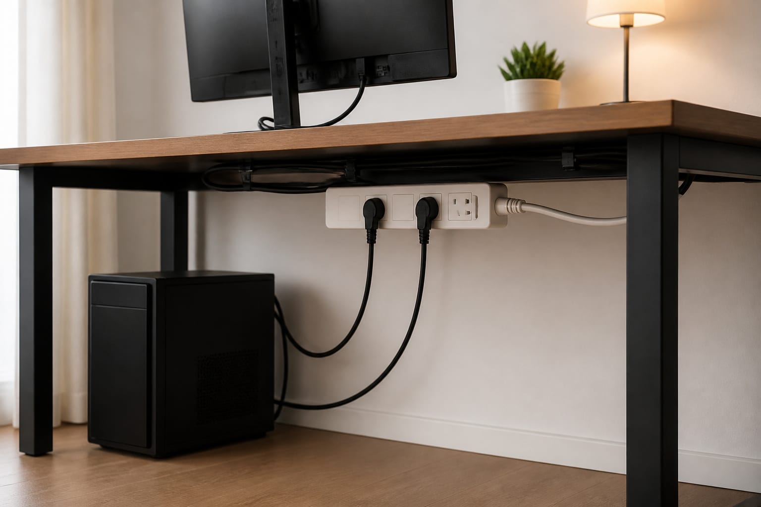 Desktop computer plugged into a surge protector under a desk