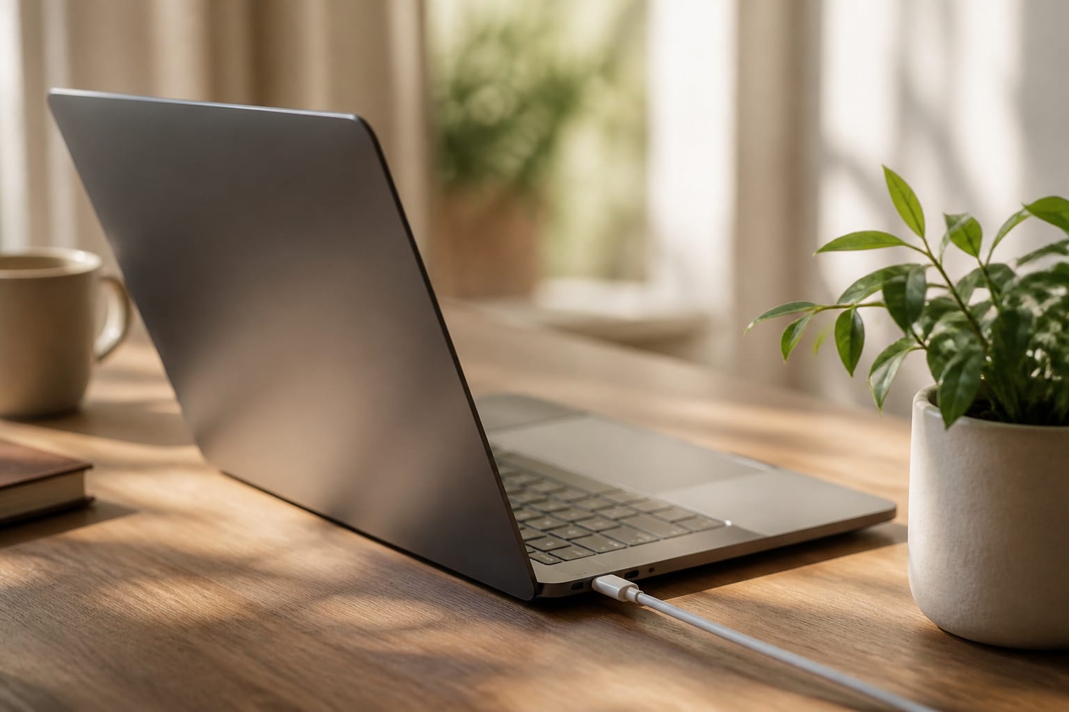 Laptop charging on a desk with a plug-in charger