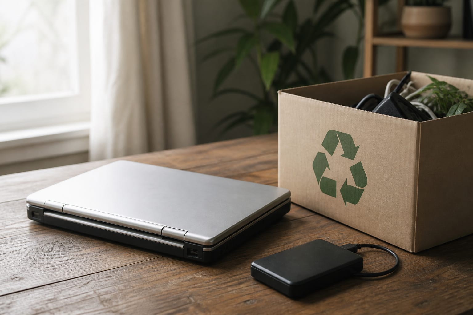 Old laptop beside an external drive and a recycling box