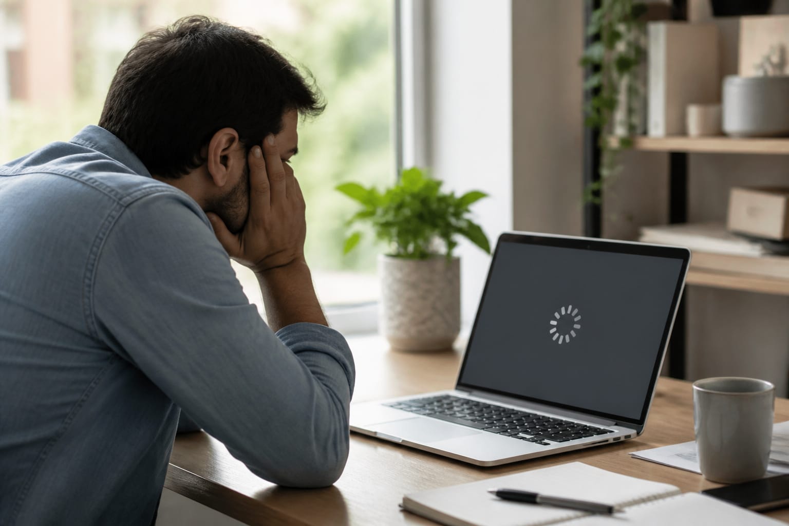 Person watching a slow laptop with a loading circle