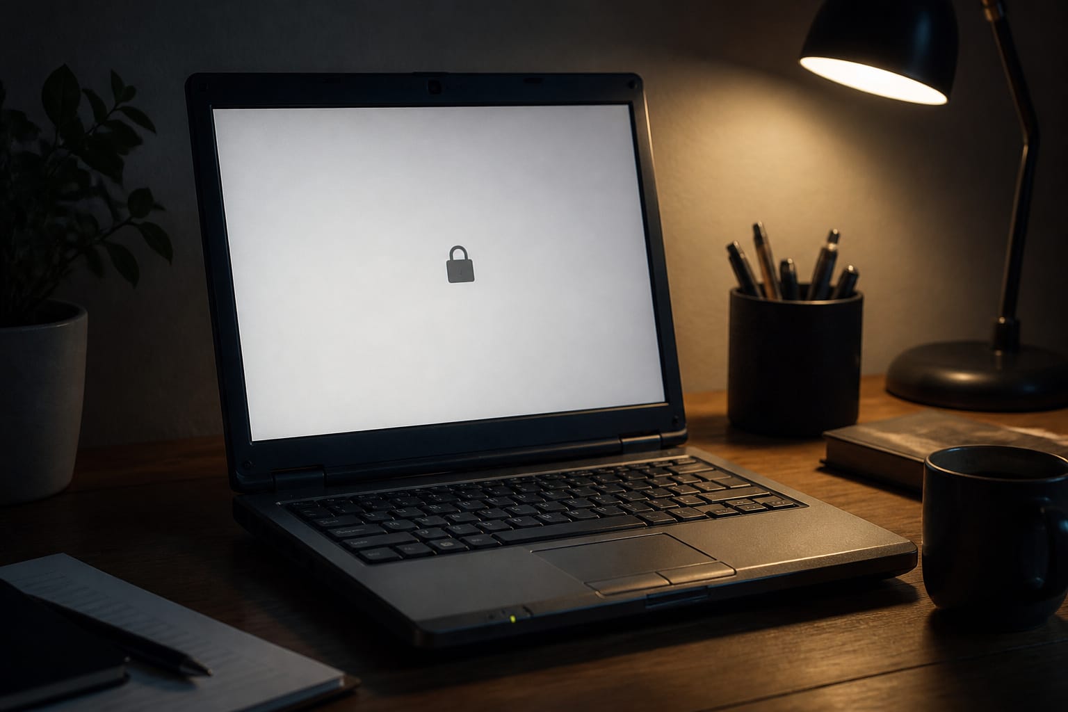 Older laptop on a desk with a padlock concept on screen