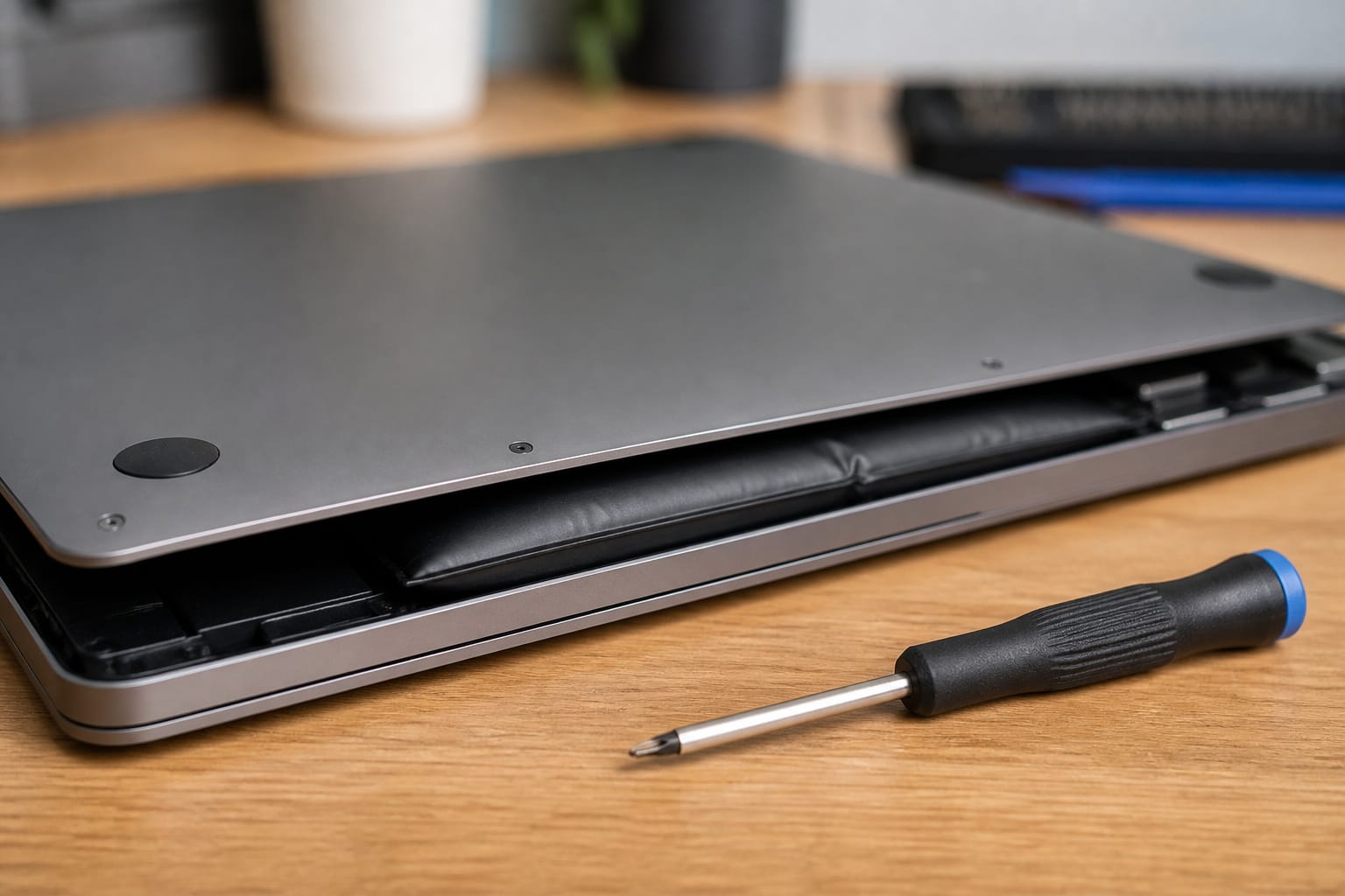 Laptop back panel open beside a screwdriver with a worn battery