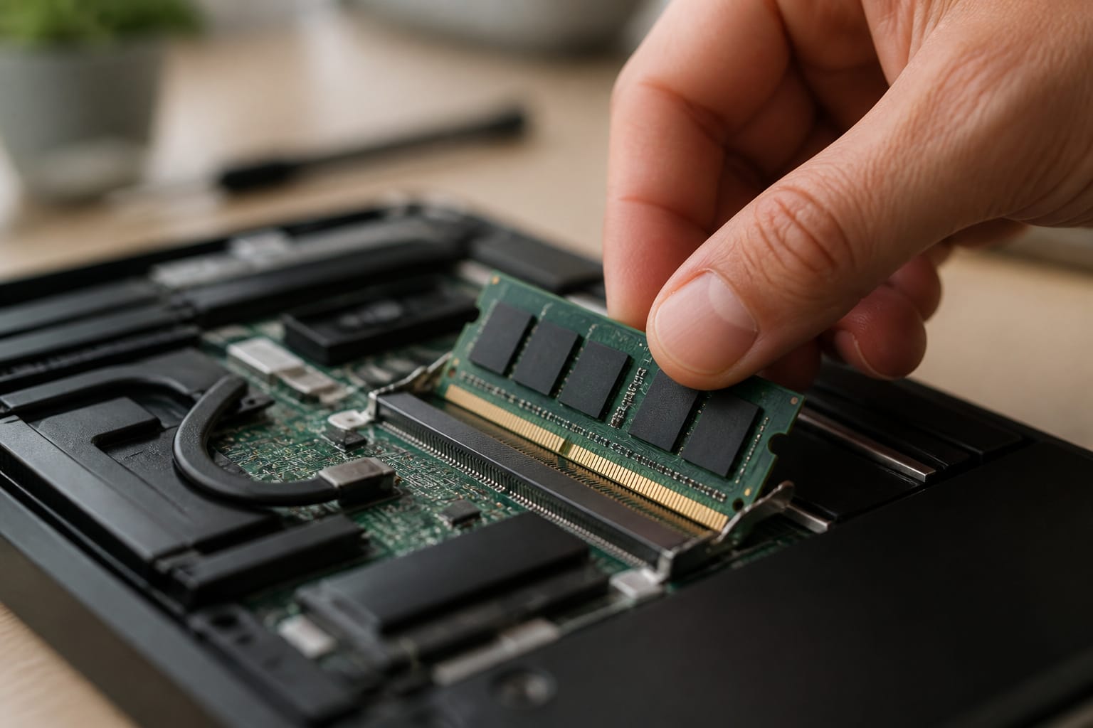 Hand installing a RAM module into a laptop