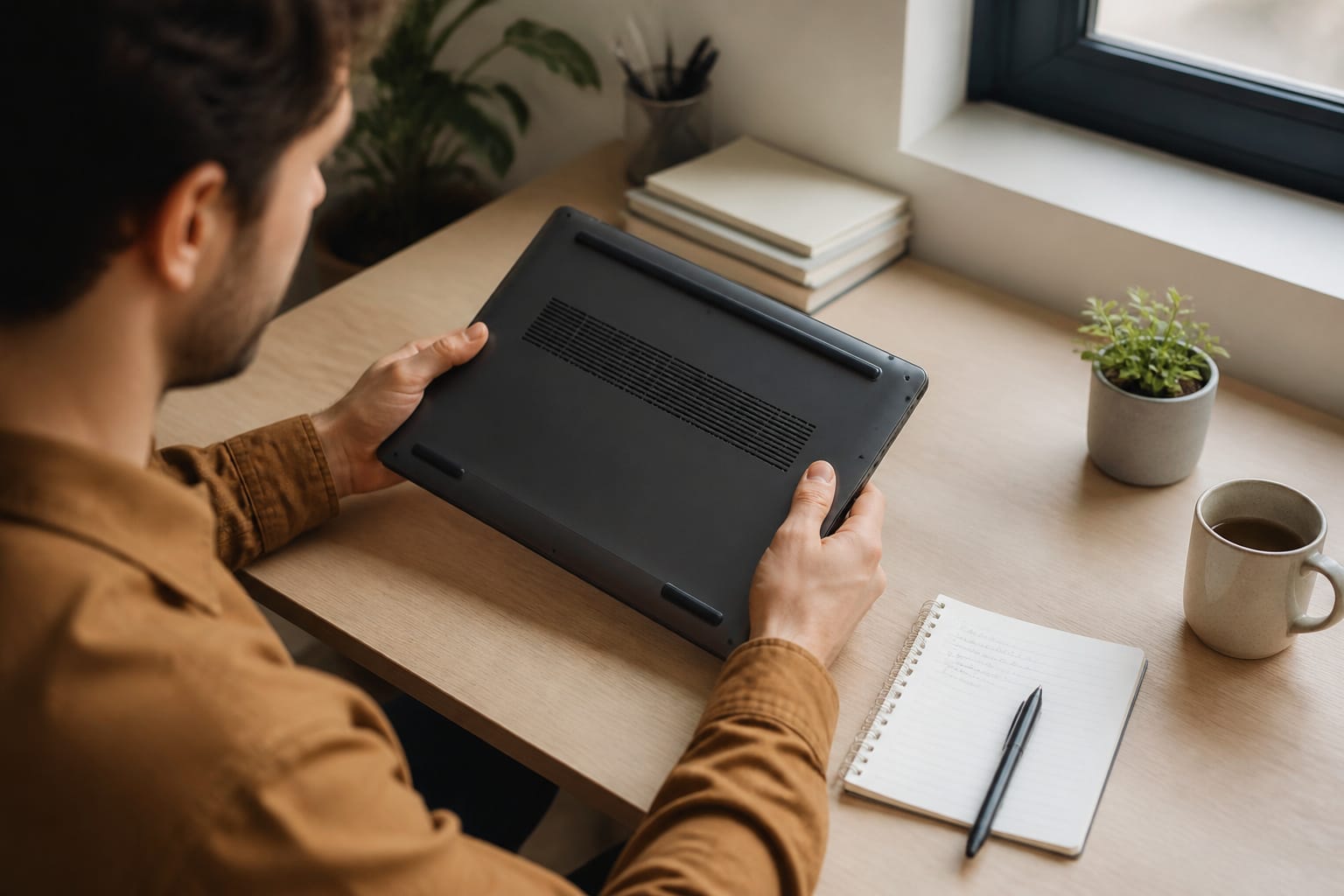 Person checking a laptop's underside and model number before buying parts