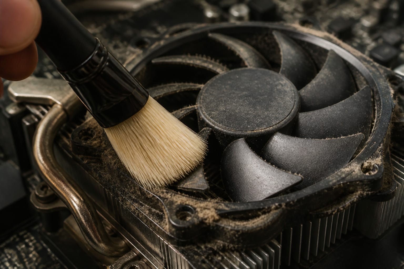 Dusty cooling fan and heatsink being cleaned with a brush