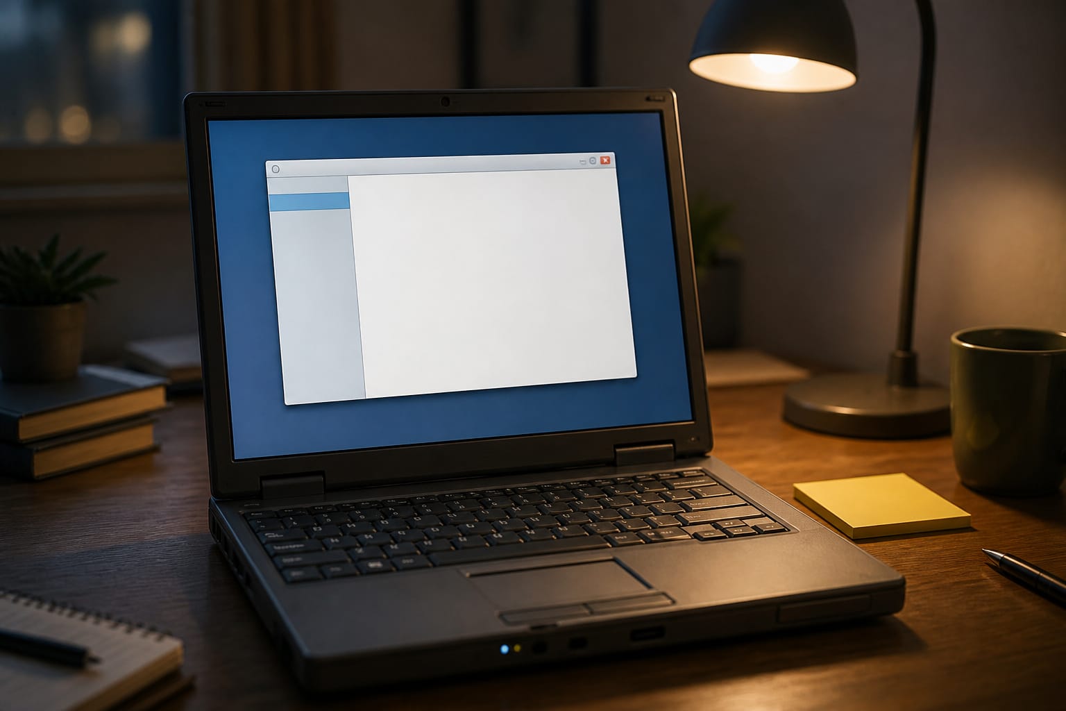 Older laptop on a desk with a sticky note beside it
