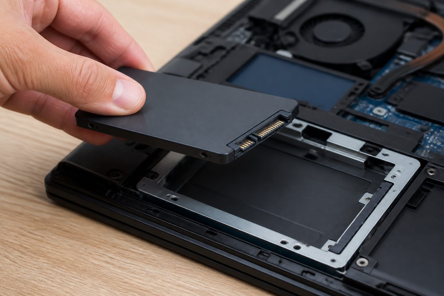 Hand holding an SSD above an open laptop drive bay