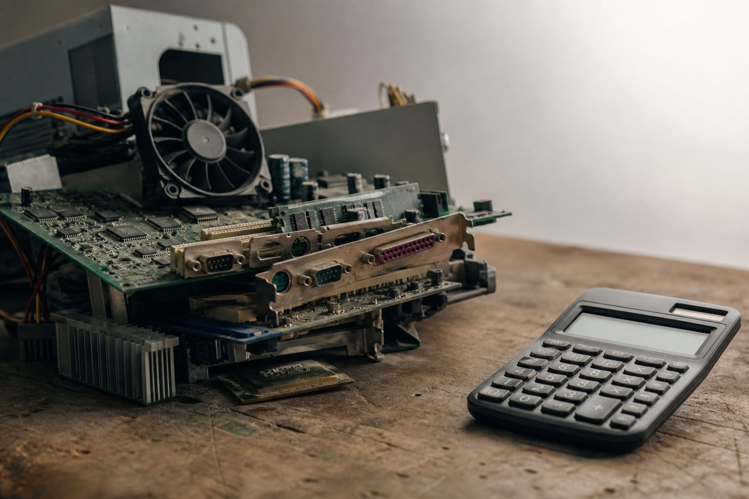 Old computer parts beside a calculator on a workbench