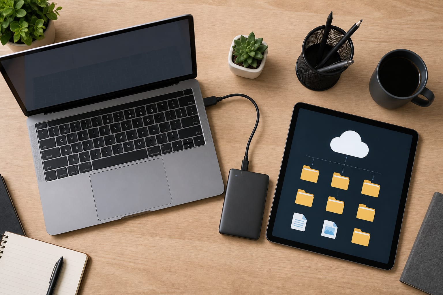 Laptop and external hard drive on a desk for freeing storage space