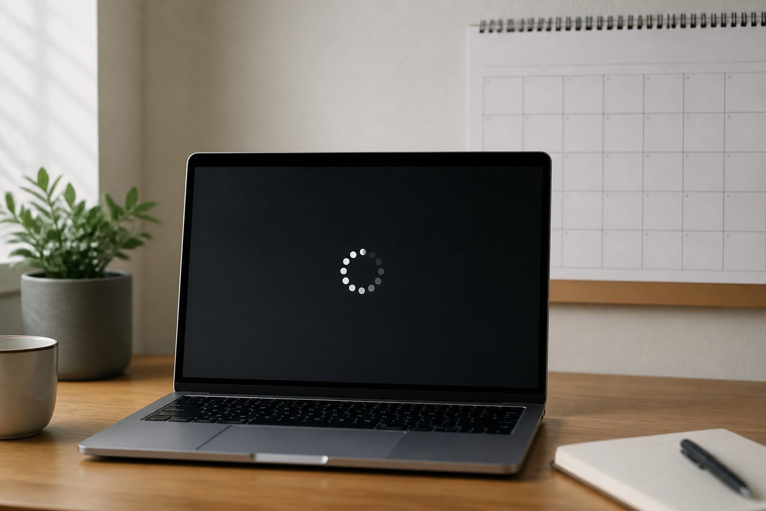 Laptop restarting on a desk with a calendar behind it