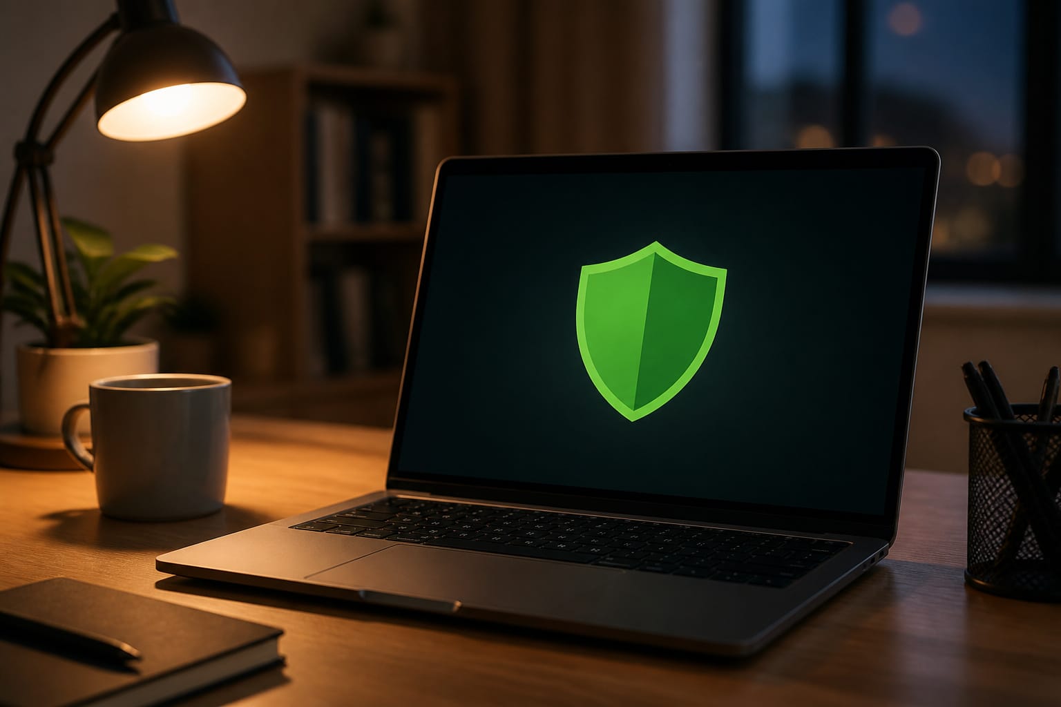 Laptop with a green shield icon showing protection is active