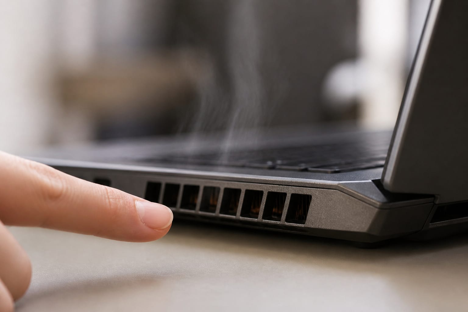 Hand pointing to the vents on the side of a laptop