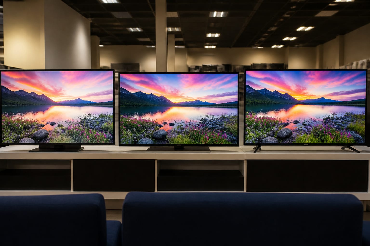 Three TVs side by side in a showroom showing the same scene