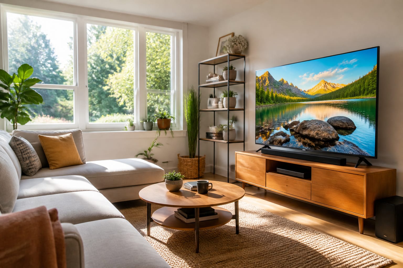 Bright sunlit living room with a TV on a media console