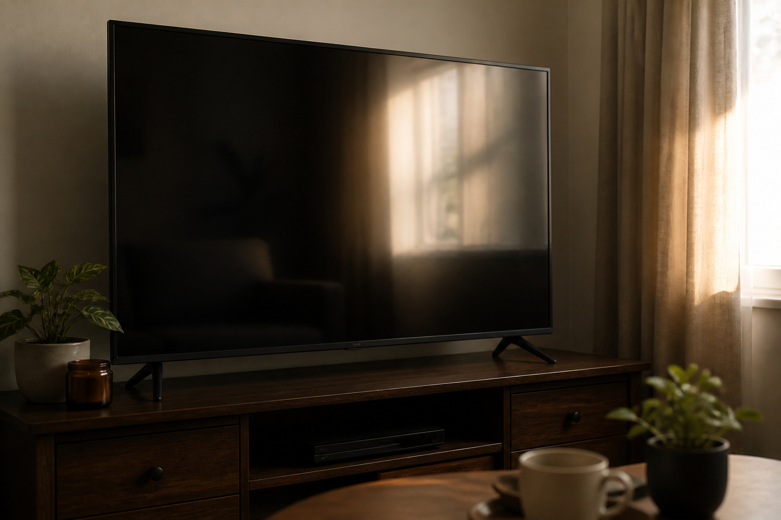 TV in a living room with window light reflecting on the screen