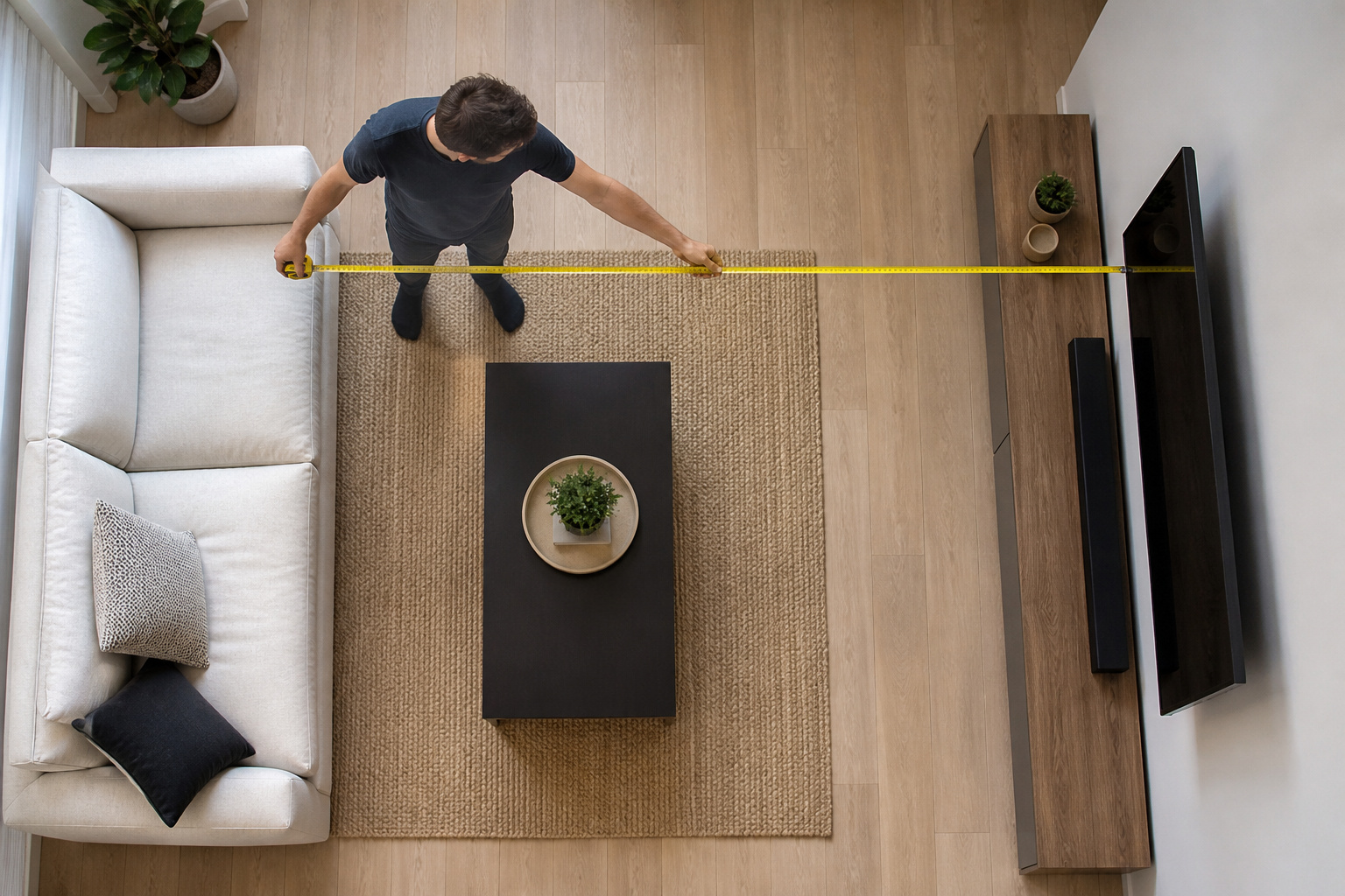 Person measuring the distance from sofa to TV wall