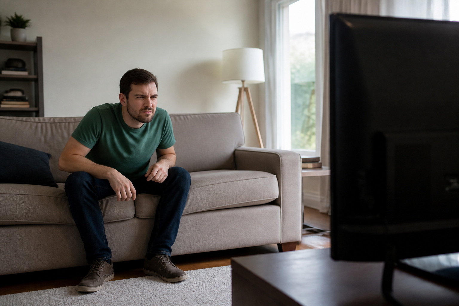 Person watching a large TV from across the room