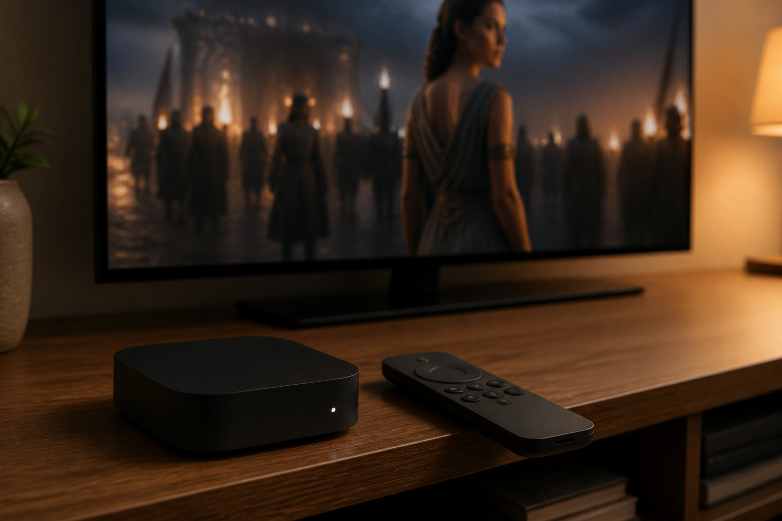 Streaming box and remote beside a TV playing a movie