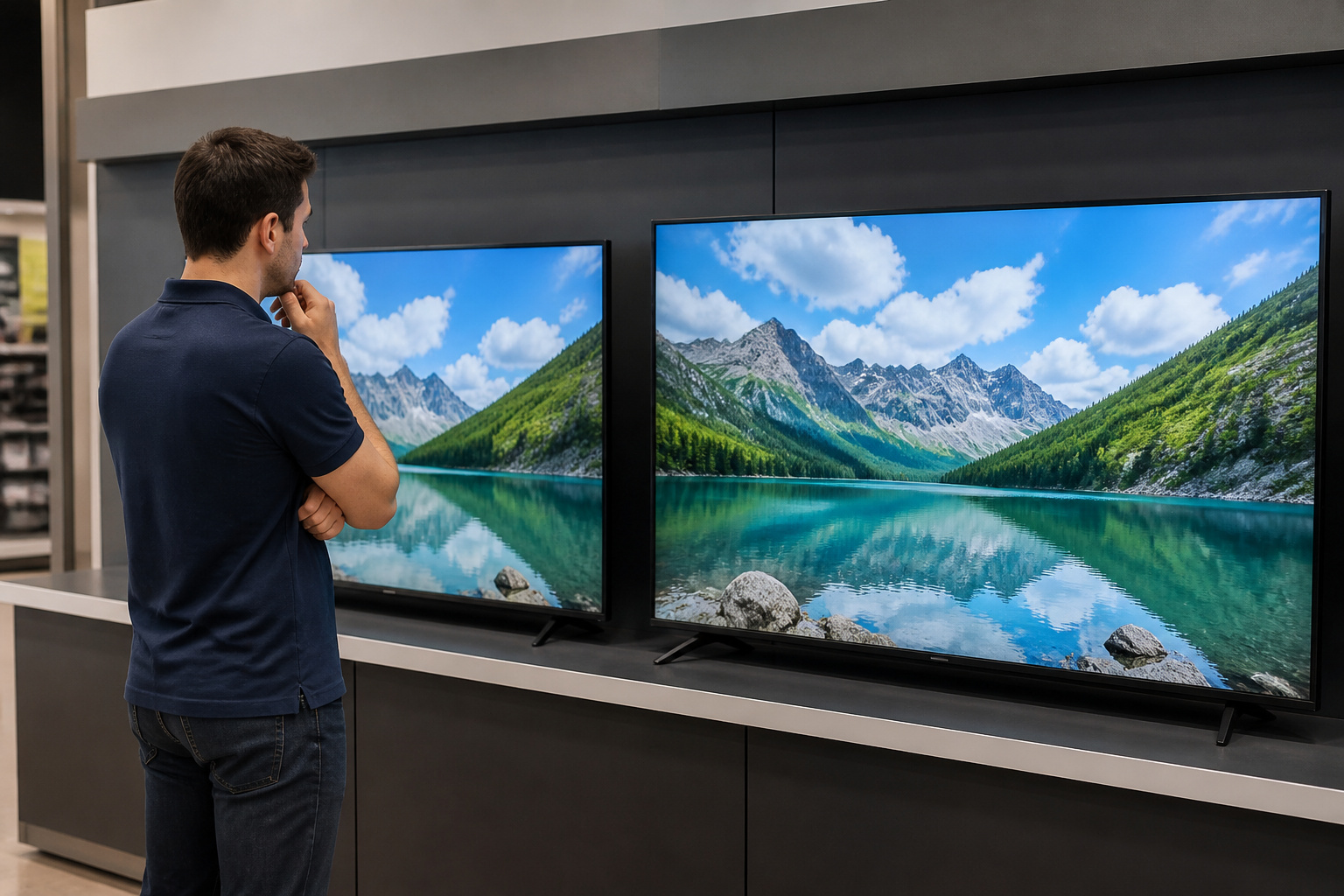 Shopper comparing two TVs in a store