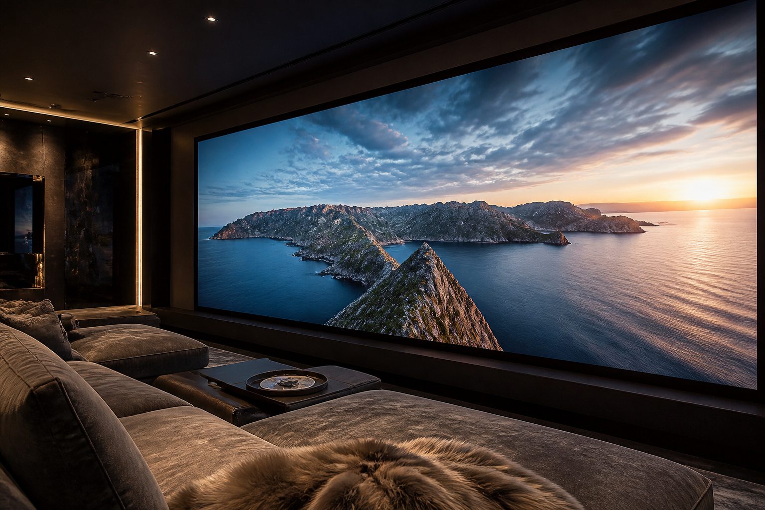Wall-sized TV in a luxury media room