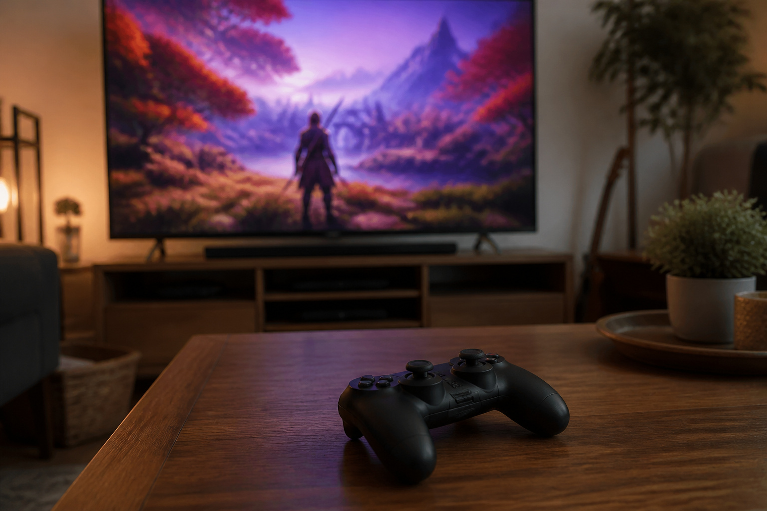 Game controller in front of a TV showing a colorful game