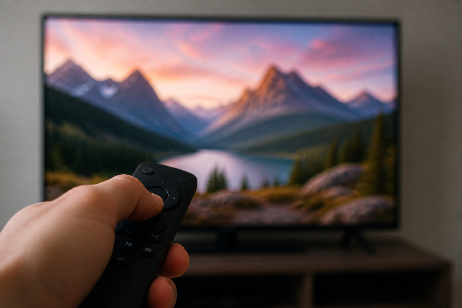 Remote pointed at a TV showing a colorful landscape