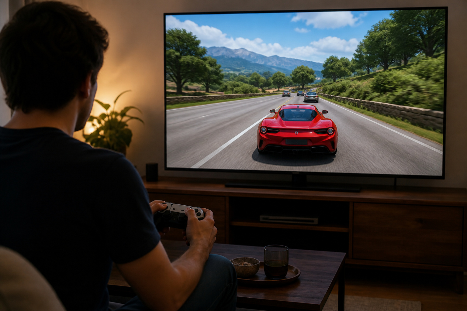 Person playing a console racing game on a large TV