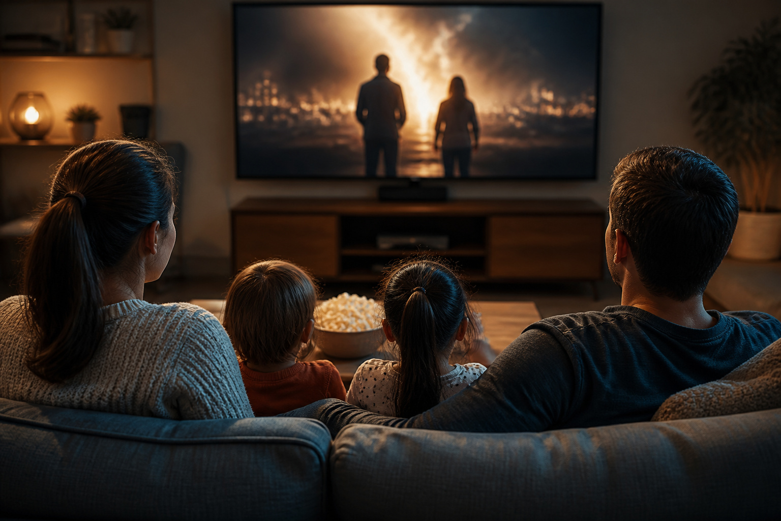 Family watching a movie on TV at home