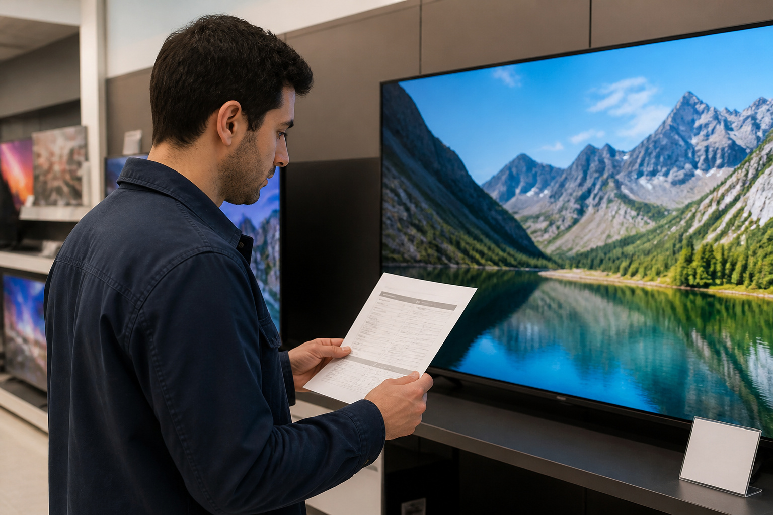Shopper reading a TV spec sheet in a store