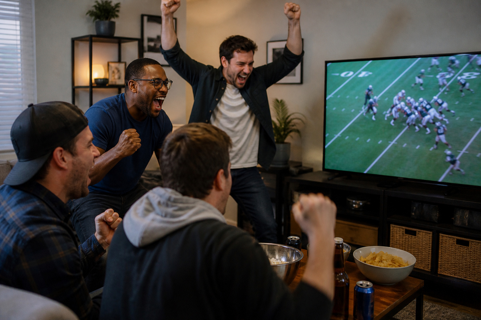 Friends cheering in front of a TV showing a football game
