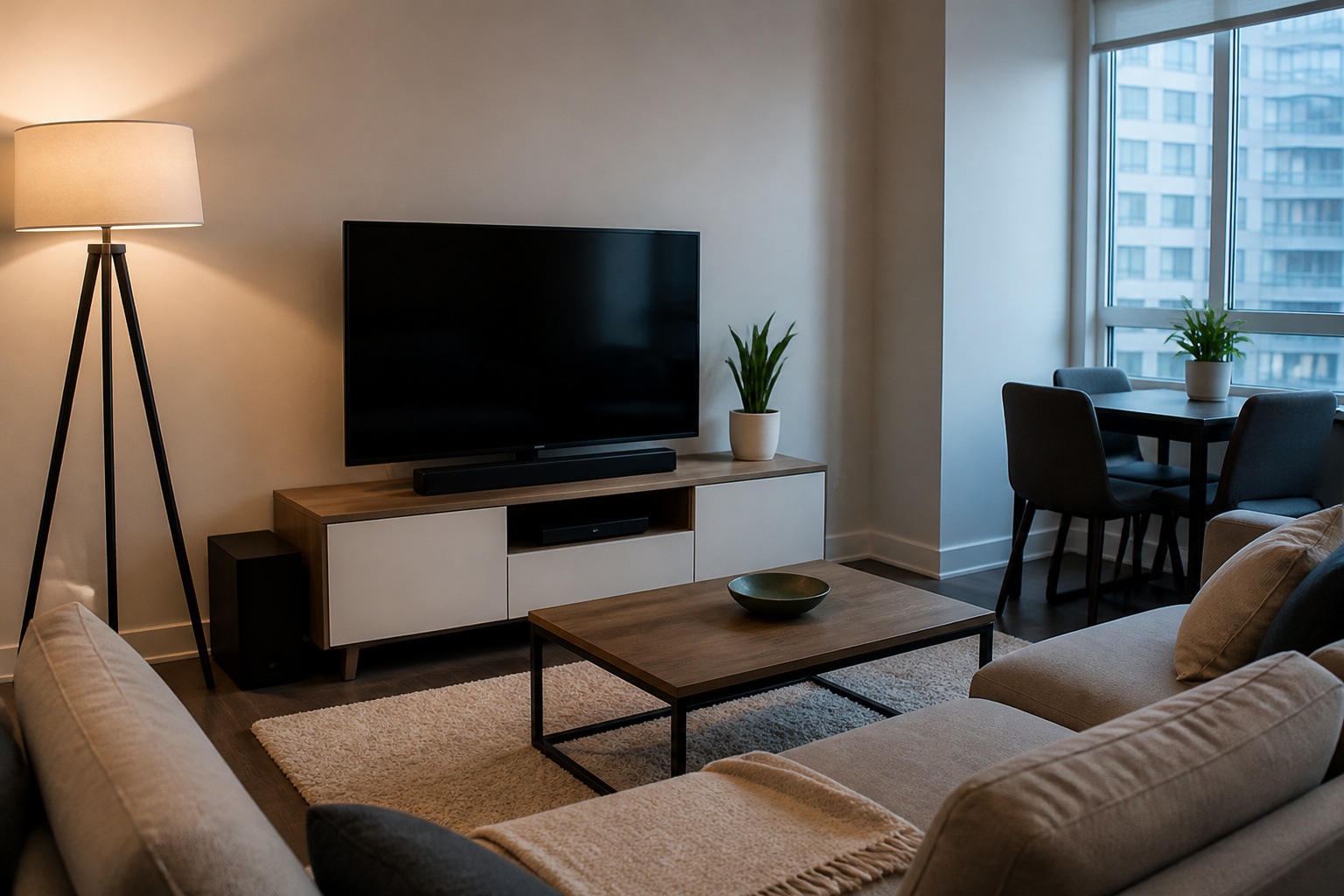 Compact apartment living room with a soundbar under the TV